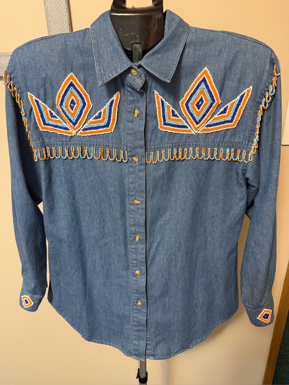 Vtg The Shirt Inc Beaded Western Denim Blouse Southwestern Seed Bead Size S